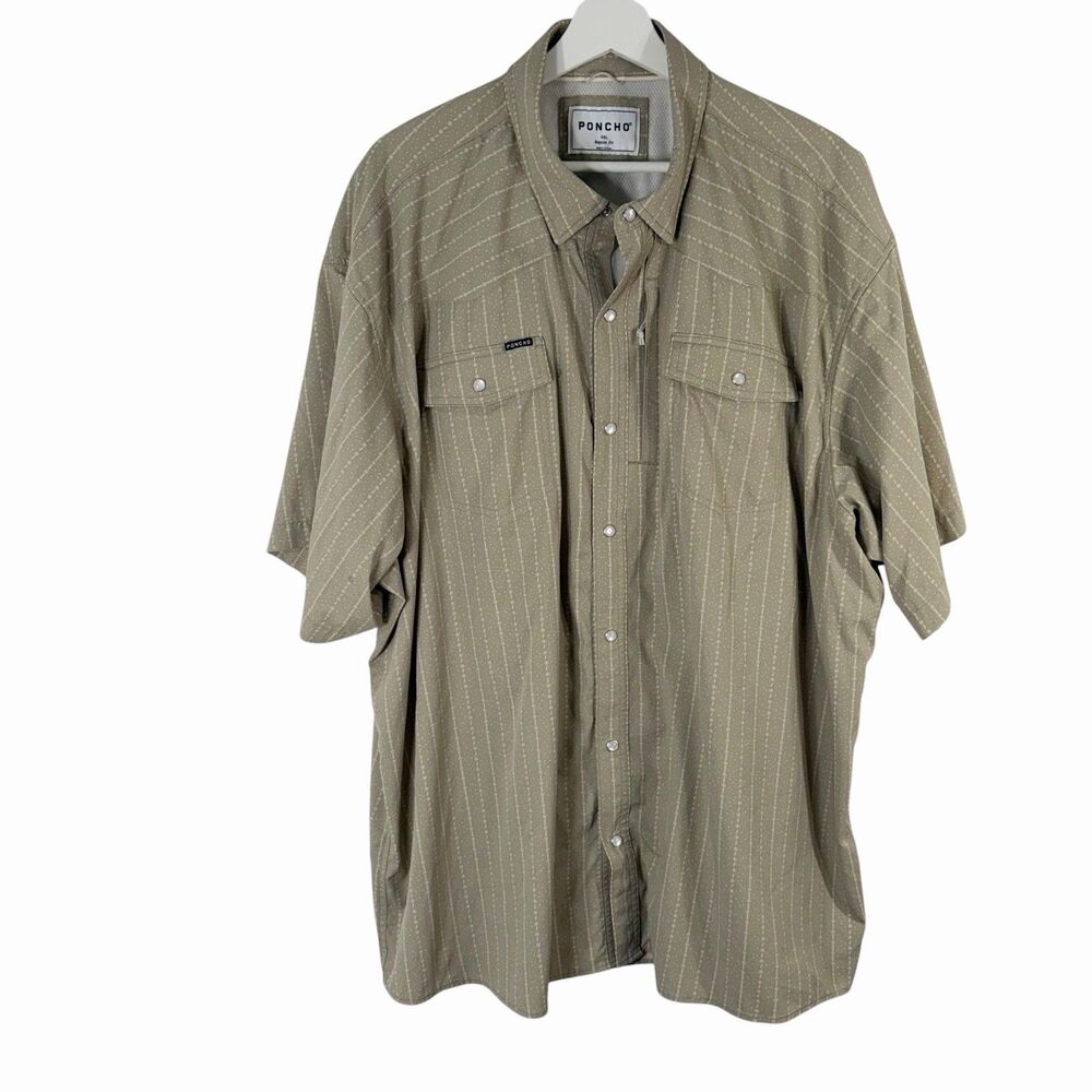 Poncho Men's Short Sleeve Button-Up Shirt in Olive Green with stripes 3XL